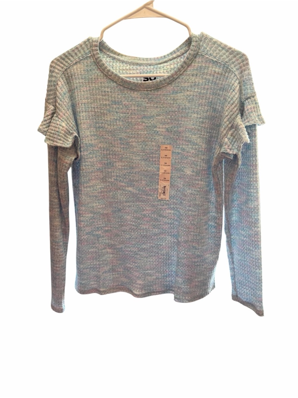 SO Light Gray Ruffle Shoulder Waffle Knit Pullover - Picture 2 of 6